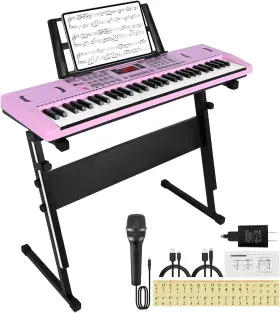 24hocl Bd-613 61 Key Keyboard Piano Digital Kids With Pink Stand